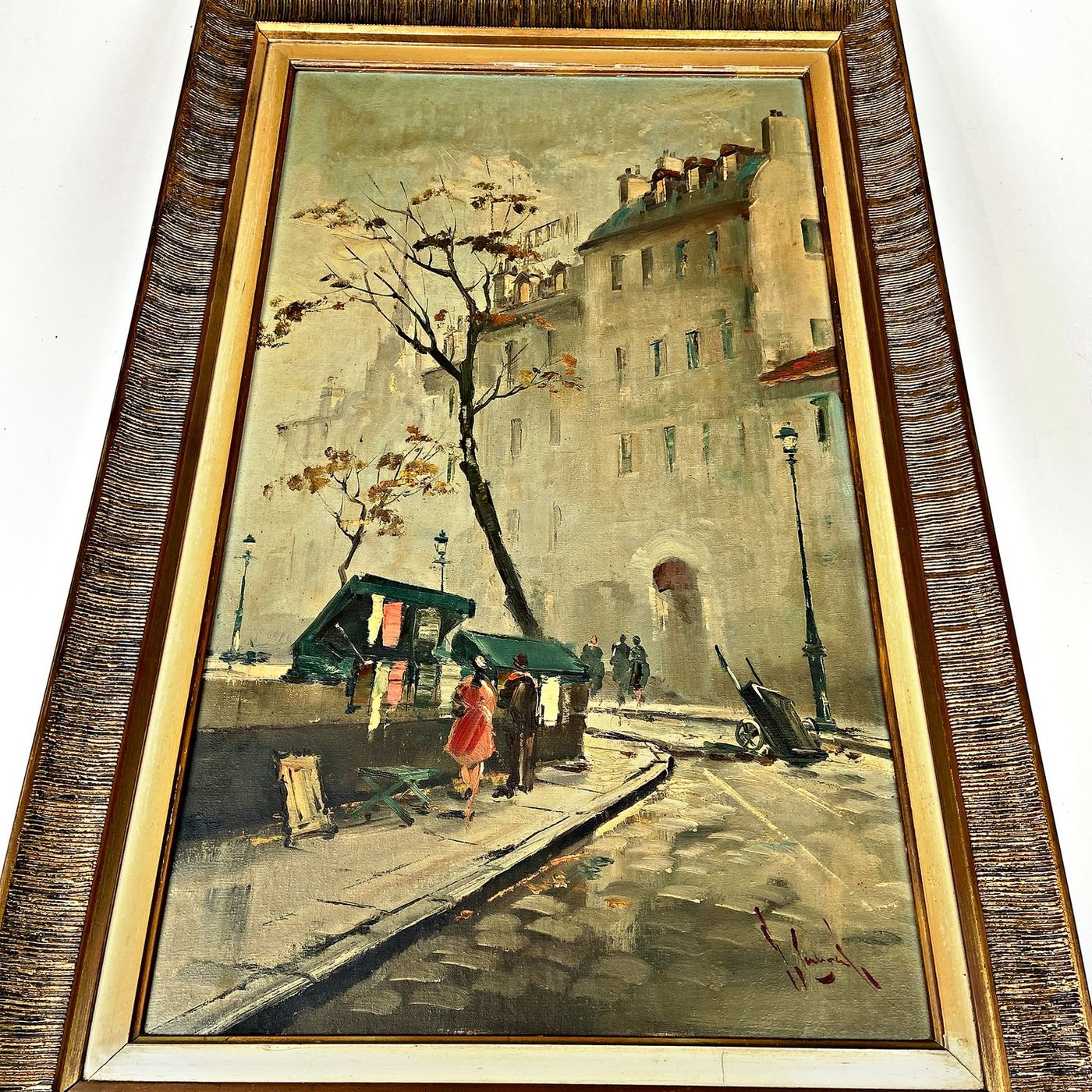 Cuadro al óleo de paisaje urbano invernal, firmado, con marco de madera
