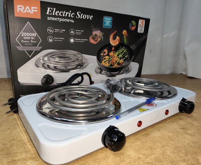 Anafe Eléctrico RAF con 2 Discos Rápidos, Termostatos Independientes, Nuevo en Caja