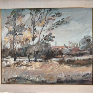 Óleo sobre lienzo "Escena Rural" de Dante Cola, con marco dorado - imagen 3