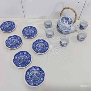 Juego de Té Oriental Porcelana Azul y Blanca: Tetera Bambú, 5 Pocillos y 6 Platillos - imagen 5