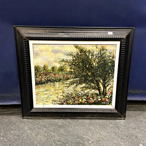 Cuadro al Óleo: Paisaje de Lago, Árboles y Flores, Firmado "Marisa 86" - imagen 2