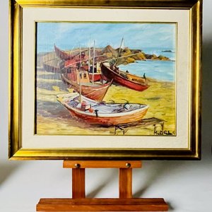 Cuadro al Óleo "Pescadores" Firmado Marta Silvia con Marco Dorado - imagen 2