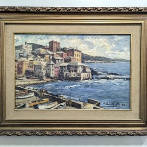 Pintura al óleo "Puerto con Casas" de Manuel Raúl Deliotti, 1989 - imagen 2