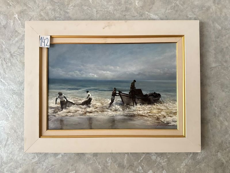 Cuadro al óleo "Pesca en la Orilla" con marco blanco 80x60 cm