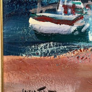 Pintura al óleo "Puerto con Velero" de Hugo Nantes, 60x50cm - imagen 3