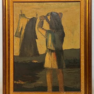 Casimiro Motta "Colgando Ropa" Óleo sobre Tela (80x60 cm) - imagen 2