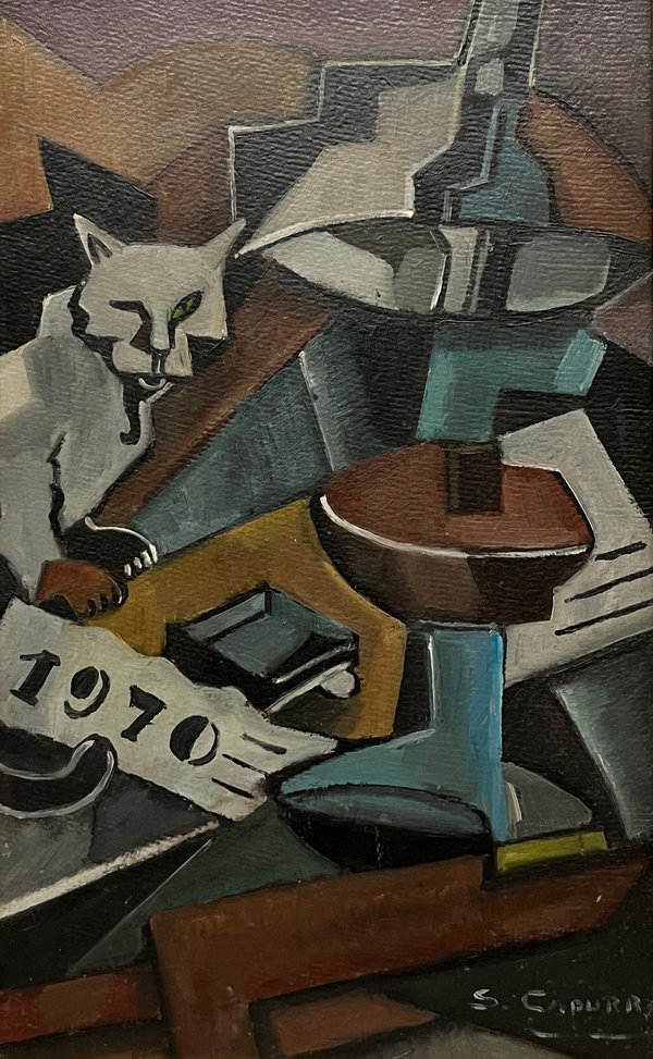 Lote anterior: Pintura de Sara Capurro: Bodegón con gato