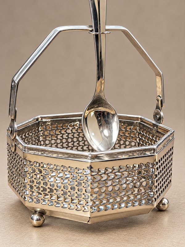 Azucarero Calado de Metal Plateado con Cuchara y Recipiente de Vidrio