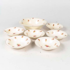7 Piezas de loza inglesa para frutas Woods Ivory Ware, diseño flores, borde dorado con desgaste. Medidas: 16x4 cm - imagen 1