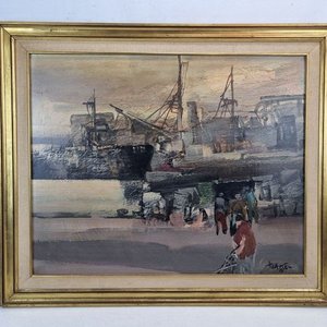 Pintura "Puerto con Grúas" de Hugo Nantes, Acrílico sobre Cartón, 82x68cm - imagen 1