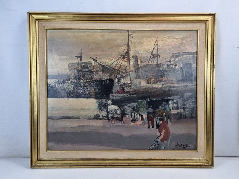 Pintura "Puerto con Grúas" de Hugo Nantes, Acrílico sobre Cartón, 82x68cm