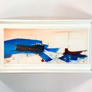 Cuadro Óleo sobre Tela: Marina con Puerto y Barcas, Firmado L. Márquez Buzis - imagen 1