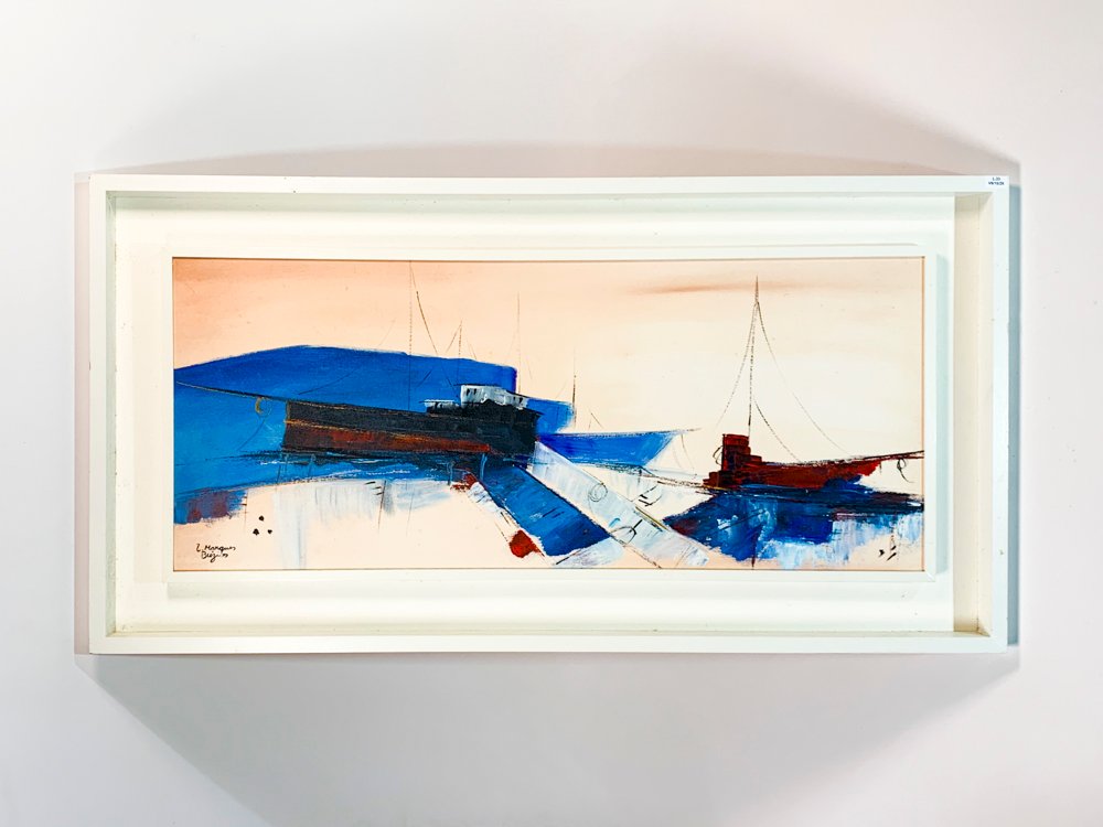 Cuadro Óleo sobre Tela: Marina con Puerto y Barcas, Firmado L. Márquez Buzis