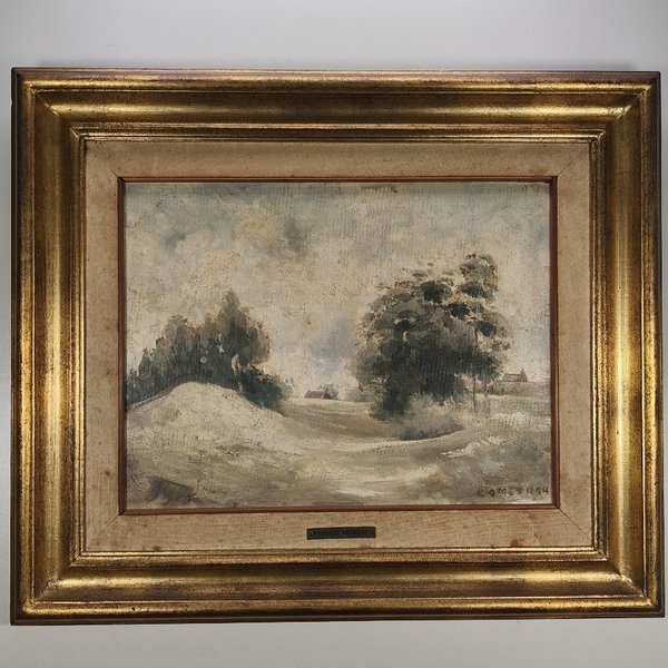 Eduardo Amezaga: Óleo sobre Fibra "Paisaje de Campo" con Marco Dorado - imagen 1
