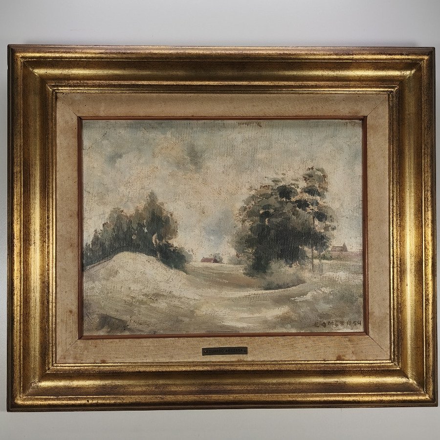 Eduardo Amezaga: Óleo sobre Fibra "Paisaje de Campo" con Marco Dorado