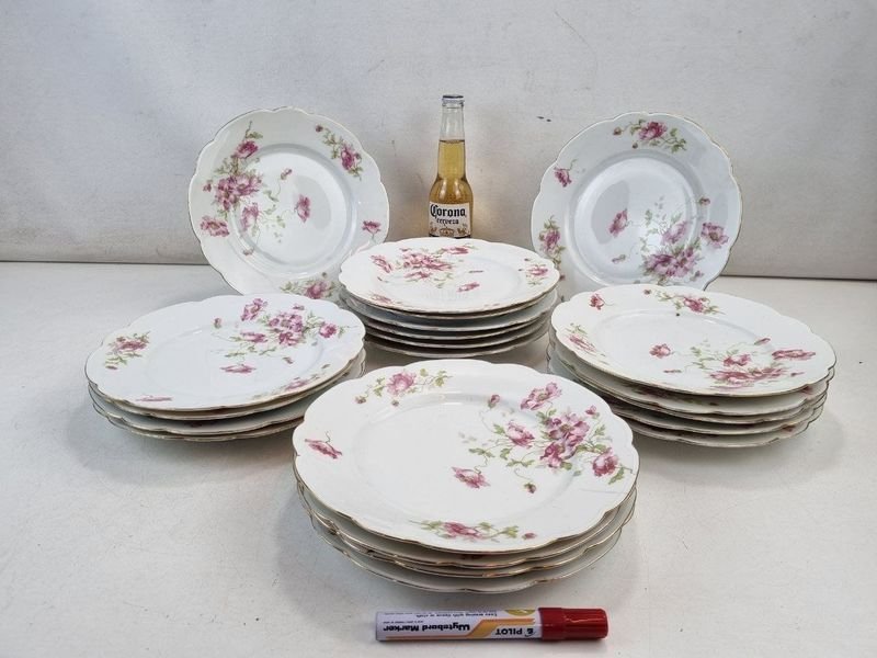 Juego de 21 Platos Llanos de Porcelana Austriaca MZ Austria con Flores Rosas