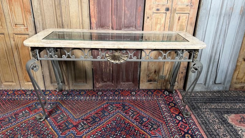 Mesa de Arrimo con Vidrio Biselado y Base de Hierro Forjado