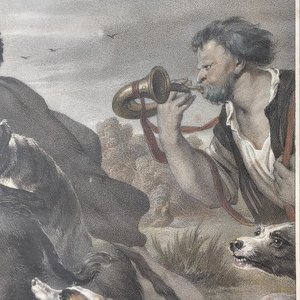 Grabado "Cacería de Jabalí" por Ernest Hanfstangl, con marco dorado y vidrio - imagen 13