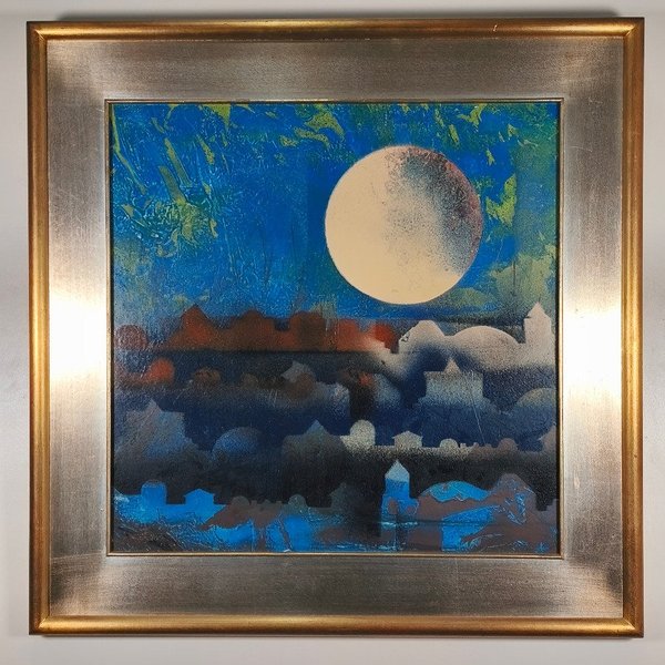 Pintura "Escena Nocturna con Luna" en Acrílico sobre Fibra, Marco Dorado - imagen 1