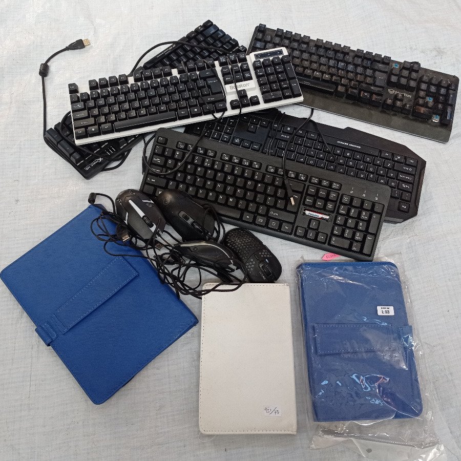 Diez piezas: 5 teclados para PC + 4 mouses + 3 fundas para tablet
