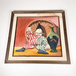 Cuadro al óleo de payaso con jarrón, firmado, 39 x 36 cm - imagen 2