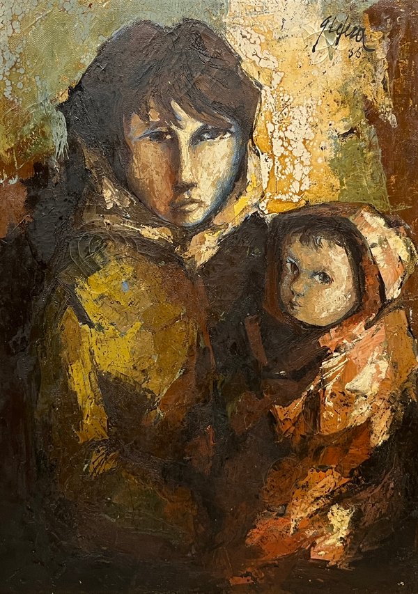 Oleo "Maternidad" de Angel Tejera, 70 x 50 cm, Firmado y Fechado 1966