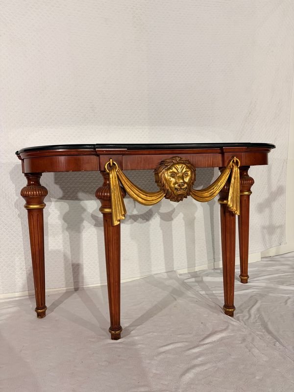 Consola Estilo Francés con Tapa de Mármol Negro y Mascarón de León Dorado