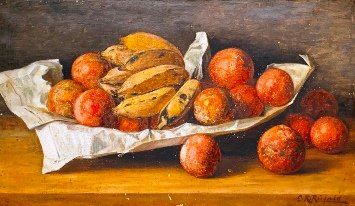 Pintura de frutas y pan por Carlos Roberto Rufalo