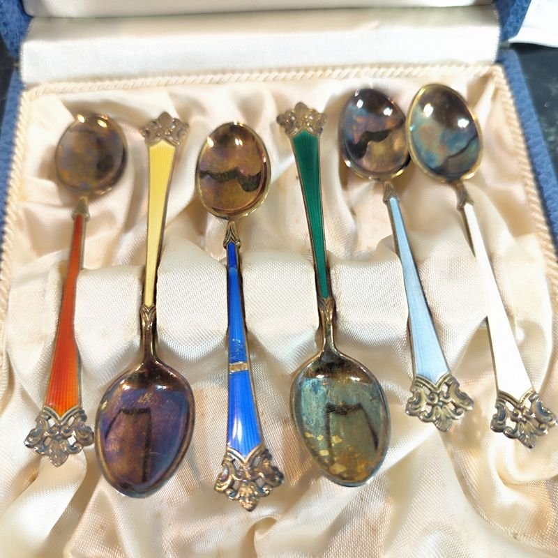 Hermoso set noruego de plata 925 con cucharitas esmaltadas - imagen 2