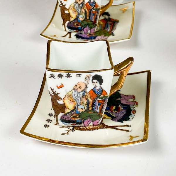 Juego de porcelana oriental para café, quince piezas decoradas personajes - imagen 3