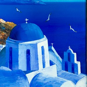 Cuadro Óleo Paisaje Costero Grecia Caseríos Cúpula Catedral Firmado 40x32cm - imagen 2