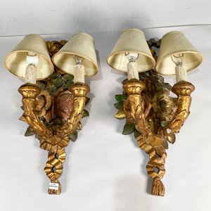 Par de Apliques de Pared Vintage en Madera con Motivo de Hojas y Flores, Dos Luces - imagen 2