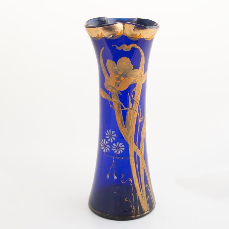 Florero de Cristal Veneciano Azul con Esmalte y Oro - 28cm