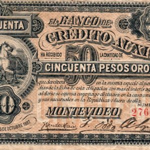 Billete de 50 Pesos Oro Sellado Banco de Crédito Auxiliar Montevideo 1887 - imagen 2