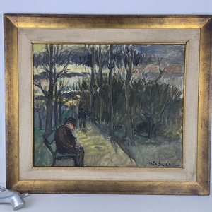 Óleo "Paisaje con figura sentada" del artista Hugo Sartore, firmado 1962 - imagen 1
