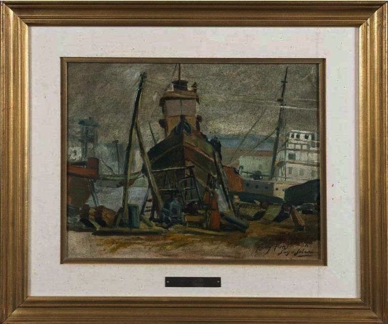 Óleo sobre tabla "Fray Bentos" atribuido a Luis Alberto Solari (1946)