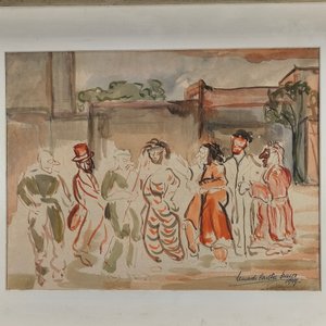 Acuarela y Lápiz "Figuras" Firmada y Fechada 1949, Marco Plateado - imagen 3