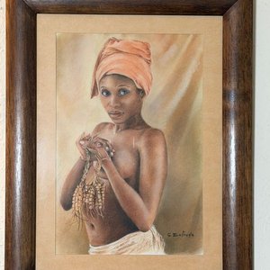 Dibujo Firmado G. Estrada: Retrato de Mujer con Turbante y Semillas - imagen 1
