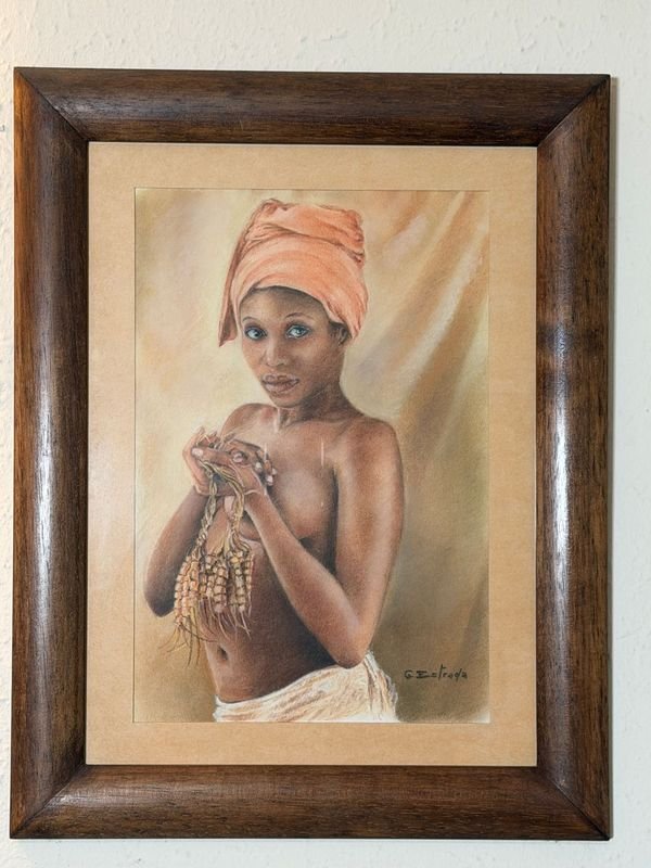 Dibujo Firmado G. Estrada: Retrato de Mujer con Turbante y Semillas