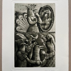 Grabado "La Corneja y las Aves" de Luis Alberto Solari - Edición 155/200 - imagen 2
