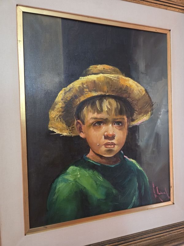 Óleo firmado J. Cabral, pintura de un joven con gorra y camisa verde - imagen 5