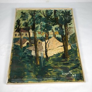 Cuadro al Óleo "Casas entre Árboles" con Marco de Madera Blanco - imagen 1