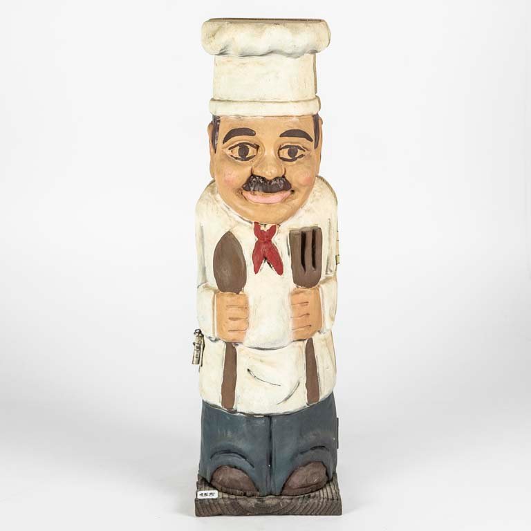 Lote siguiente: Guarda botellas de vino de madera tallada forma personaje cocinero