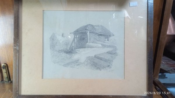 Dibujo a Lápiz Enmarcado: Paisaje Rural Tradicional