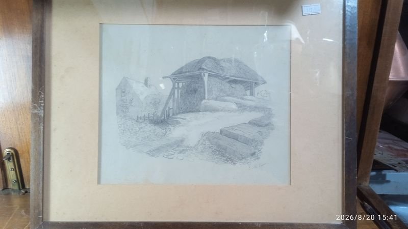 dibujo a lápiz enmarcado de un paisaje rural tradicional - 39x31