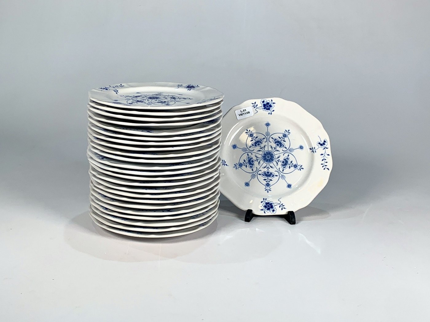 Lote de 24 Platos Llanos de Losa con Decoración Floral Azul - Industria Uruguaya