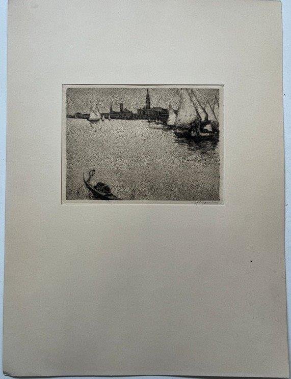 Grabado "Veleros en Venecia" de Paul Freiherr Von Schlippenbach Firmado - imagen 1