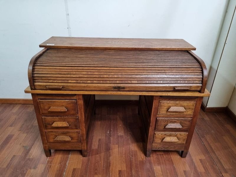 Escritorio Antiguo Ministro Tapa Cortina Madera Roble Seis Cajones Compartimentos Internos