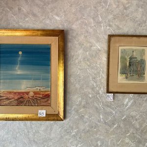 Dos Cuadros con Marco Dorado: Paisaje Marino y Arquitectónico - imagen 2