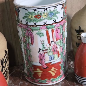 Lote de 5 piezas de cerámica oriental: 2 botellas grandes, 2 botellas pequeñas y 1 cilindro decorativo - imagen 7
